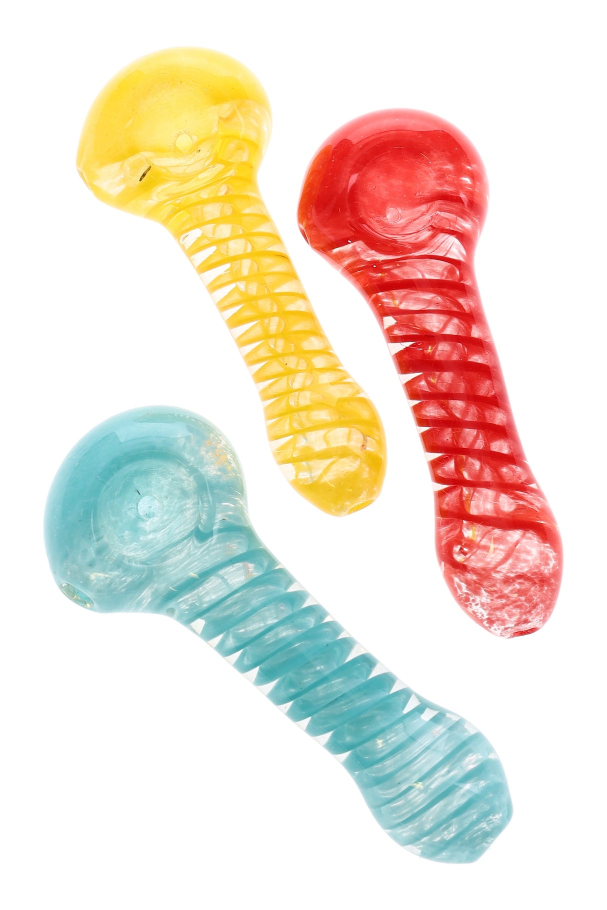 4″ colored frit spiral glass hand pipe with textured frit bowl and bold spiral wrap; compact spoon design around 80 g for smooth dry herb hits.