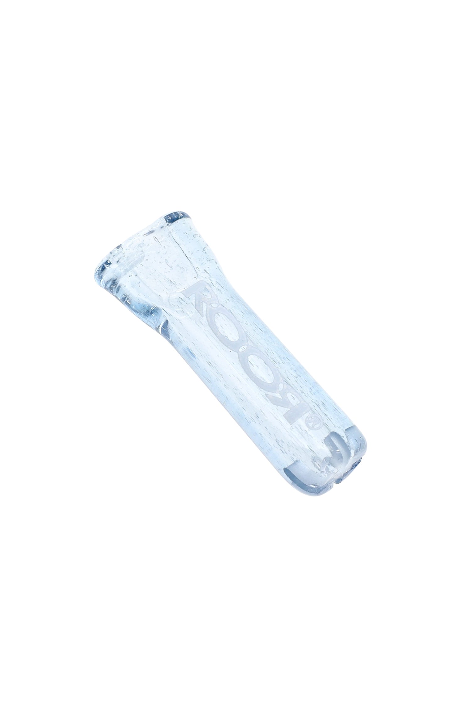 Crystal blue RooR 10 mm glass rolling tip close-up; compact reusable filter with cross-cut end, easy to clean between uses.