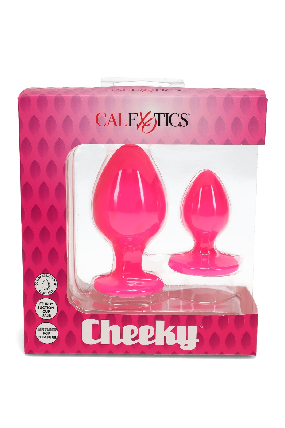 Cheeky two-piece silicone anal plug set in bright pink, each with a suction-cup base, displayed in retail box highlighting waterproof silicone.