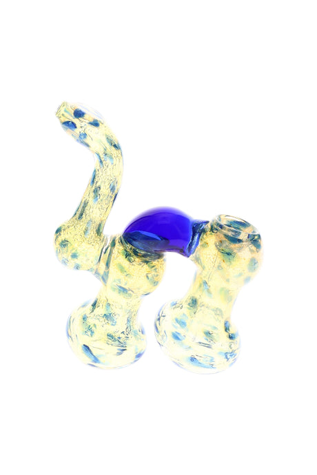 Side view of 7-inch dotted double-chamber Sherlock bubbler showing curved mouthpiece, blue bridge accent, and fumed color-shift glass.