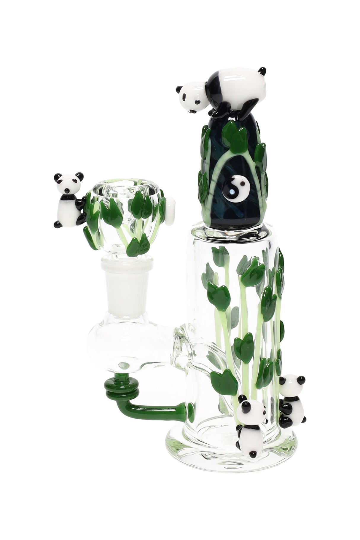 Panda-themed glass nano rig with climbing panda figures, bamboo accents, and matching 14.5 mm bowl