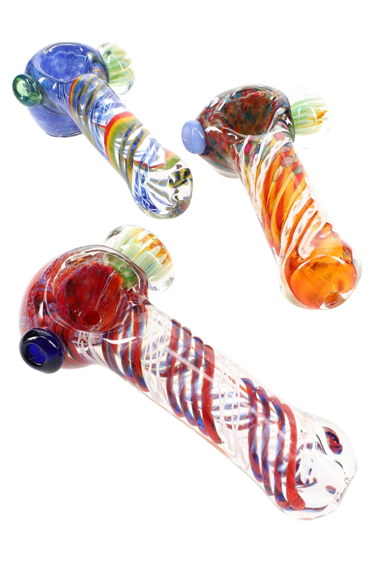 Compact 4½″ silver-fumed frit glass hammer pipe with multicolor spiral stripes and floral marble accent, shown in assorted colorways.