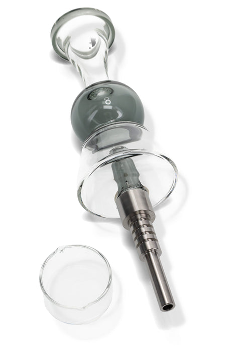 Gray bubble glass dab straw showing flared shield, threaded metal tip attached, and separate quartz concentrate dish.