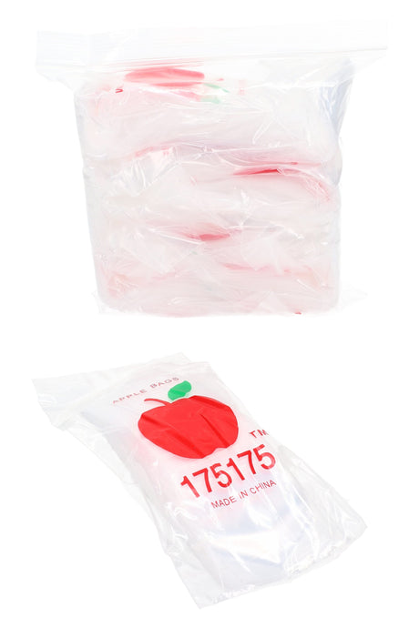 Shrink-wrapped 1000-pack of Apple Bags clear 1 ¾-inch mini zip baggies stacked neatly inside a transparent outer pouch on white backdrop