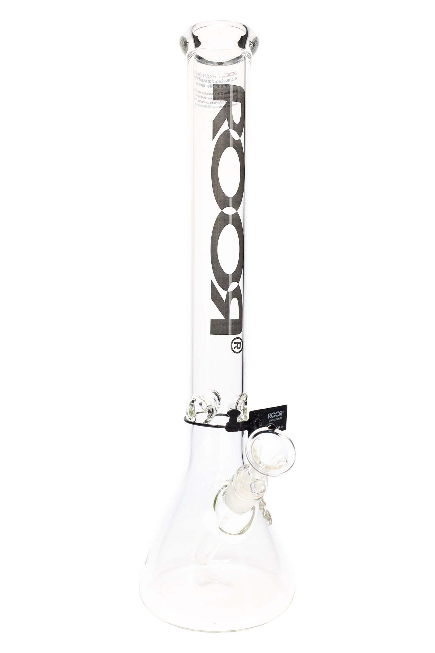Clear ROOR 18-inch beaker bong with platinum vertical ROOR logo, glass-on-glass downstem and bowl, triple ice pinch.
