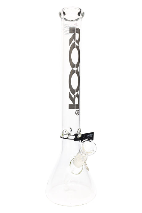 Clear ROOR 18-inch beaker bong with platinum vertical ROOR logo, glass-on-glass downstem and bowl, triple ice pinch.