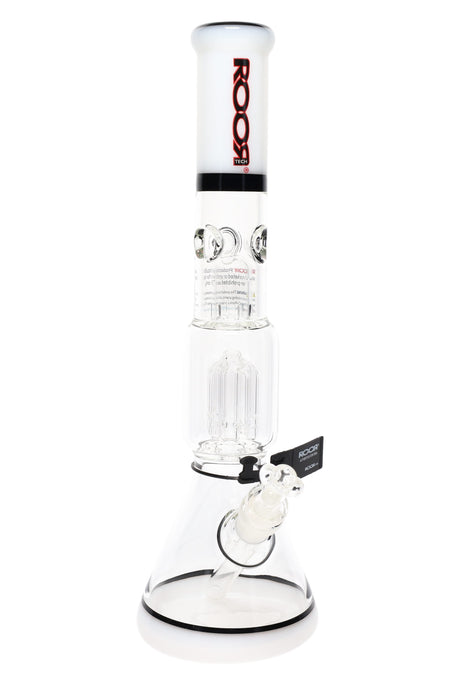 Clear ROOR Tech 14-inch beaker bong with white mouthpiece and black base accents, tree perc, ice pinch, glass-on-glass downstem and bowl.