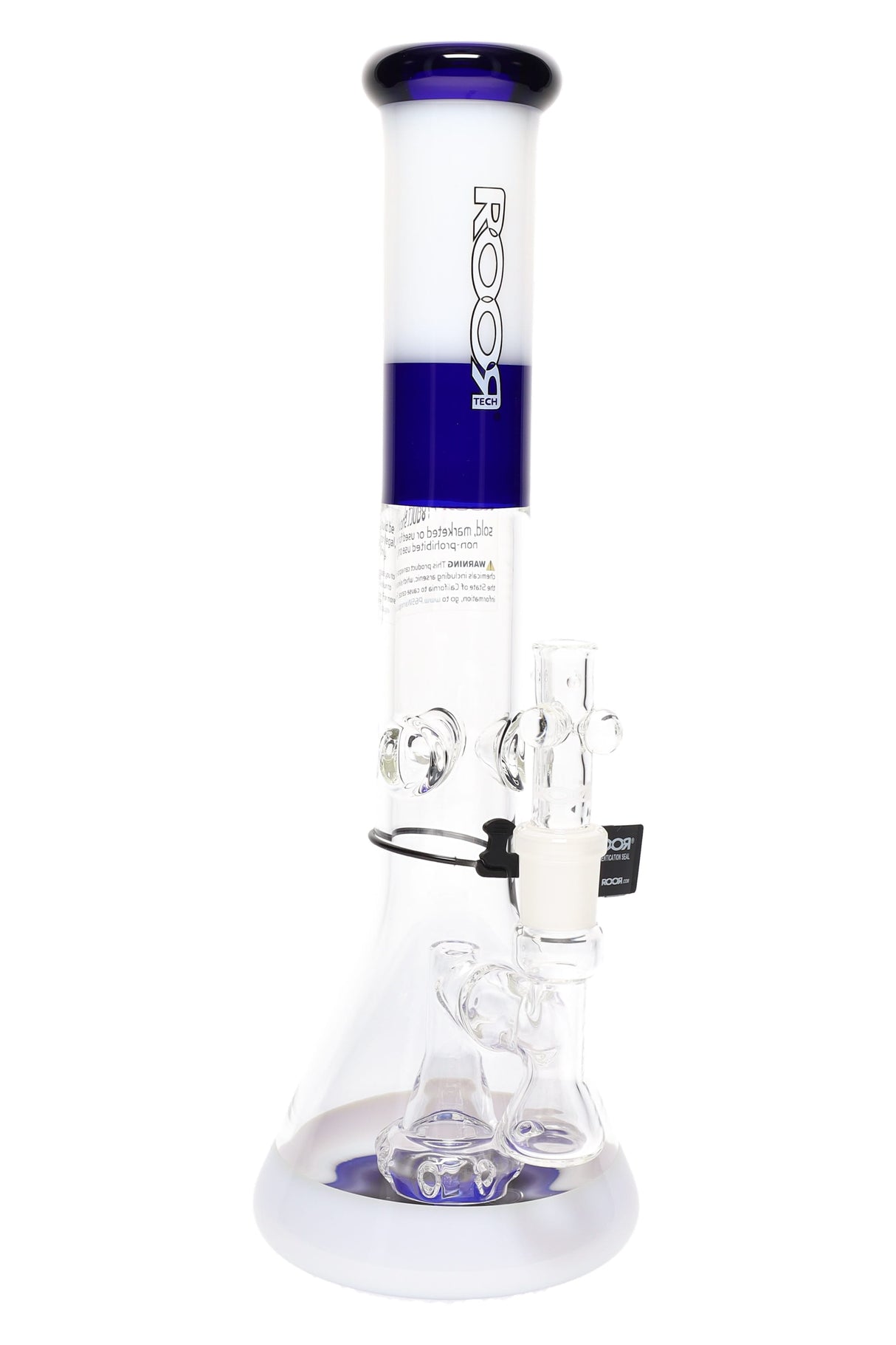 ROOR Tech 14-inch multicolor beaker bong with showerhead perc, 5 mm thick borosilicate, glass-on-glass joint and matching bowl, white and cobalt accents.