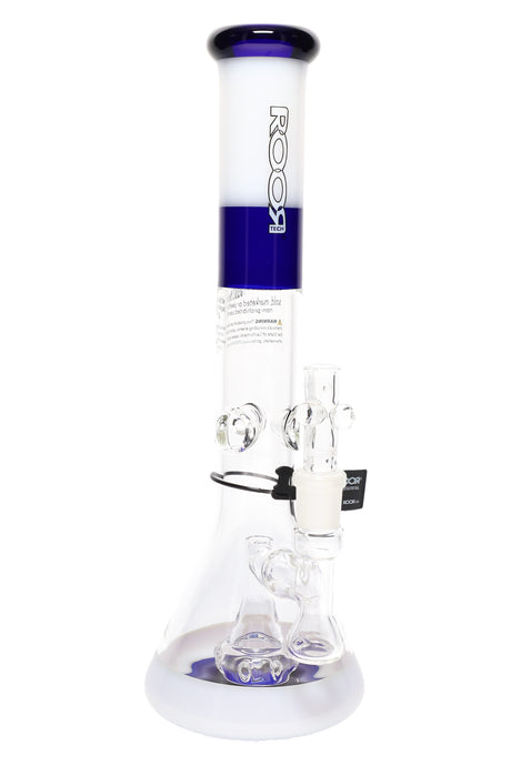 ROOR Tech 14-inch multicolor beaker bong with showerhead perc, 5 mm thick borosilicate, glass-on-glass joint and matching bowl, white and cobalt accents.