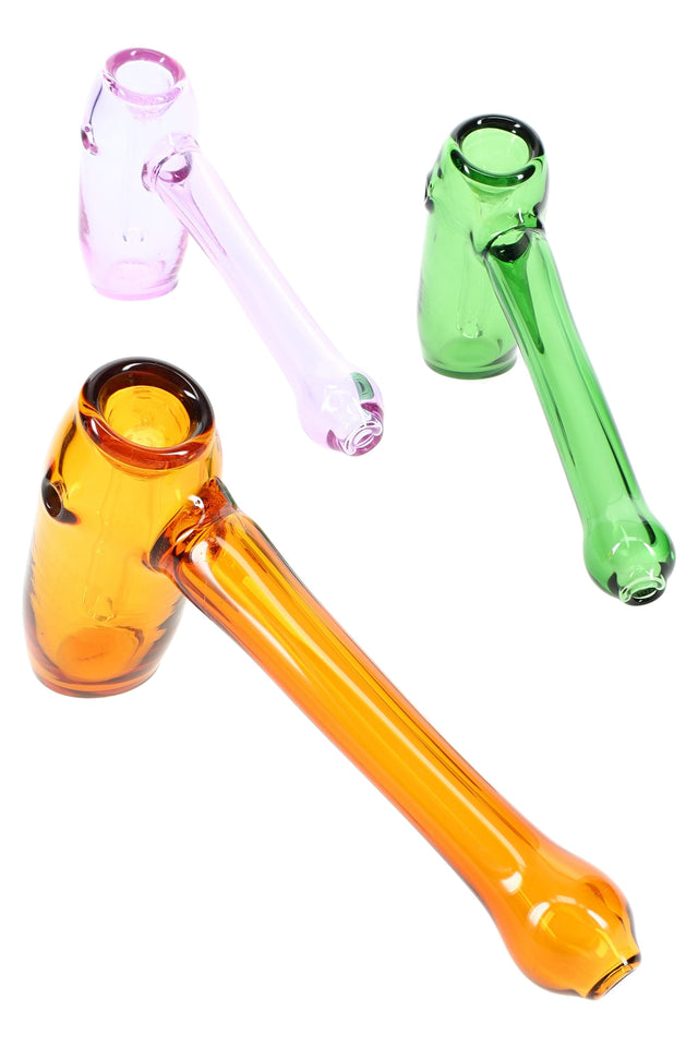 6-inch colored glass hammer bubbler with straight stem, side carb, and small water chamber; sit-flat base; assorted green, amber, and pink hues.