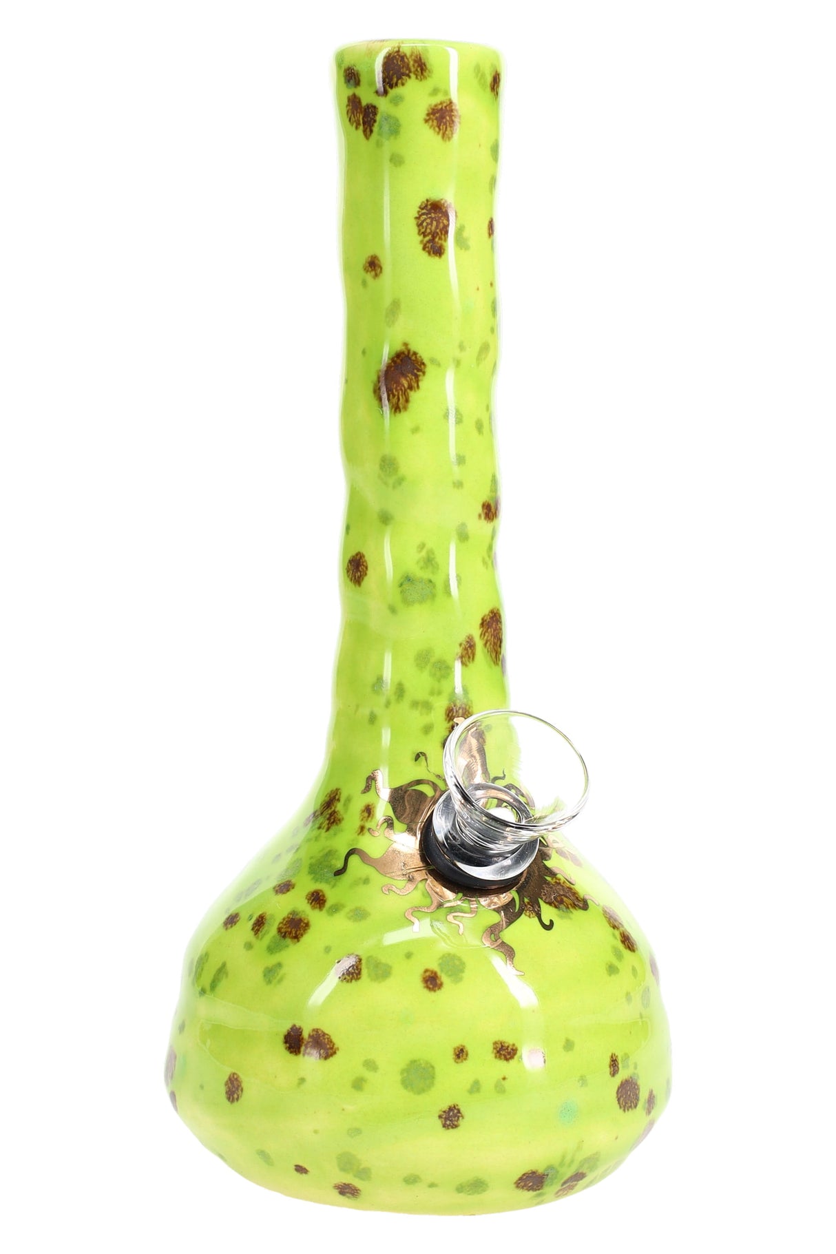 Lime green ceramic bong dotted with dark olive burst patterns, glossy finish reflecting light, front profile.