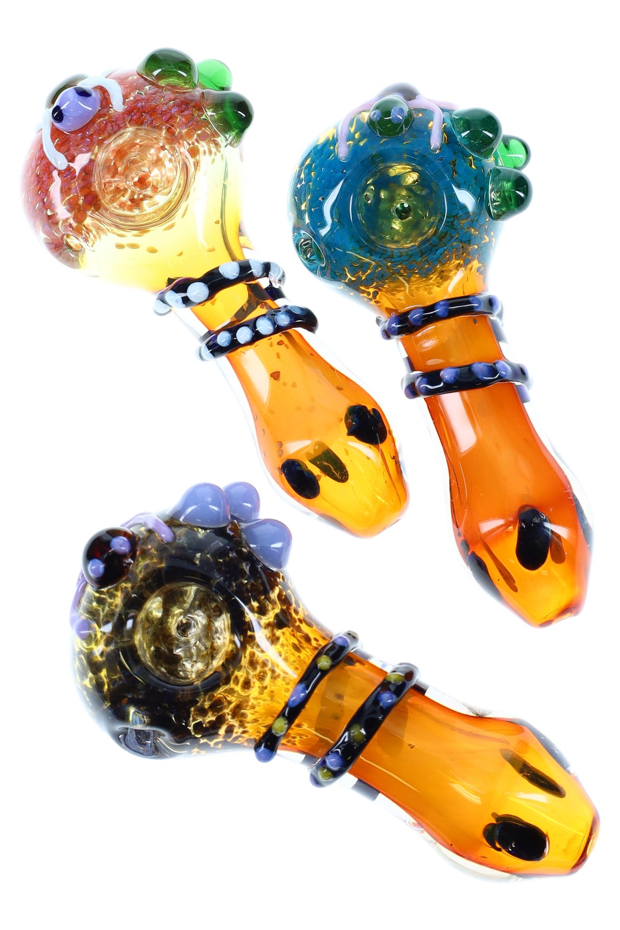 Gold-fumed glass hand pipe with frit bowl and raised critter marbles, 4½″ length, shown in assorted colors.