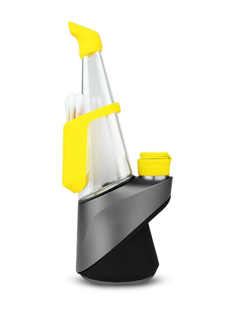 Yellow colorway Travel Pack attached to Peak Pro, showing mouthpiece cover, backpack, and capped chamber.