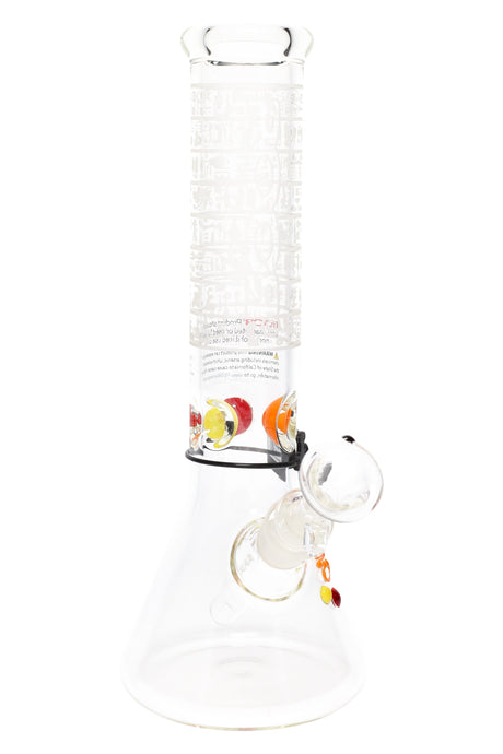 Clear ROOR 12-inch frosted beaker bong with banded hieroglyph-style etching on neck and multicolor ice pinch; glass-on-glass setup.