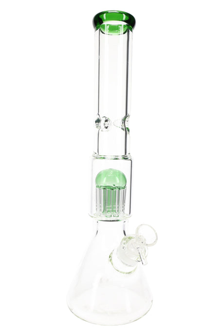 Clear beaker bong with bright green lip and matching dome above a multi-arm tree perc, beaker base for stability.