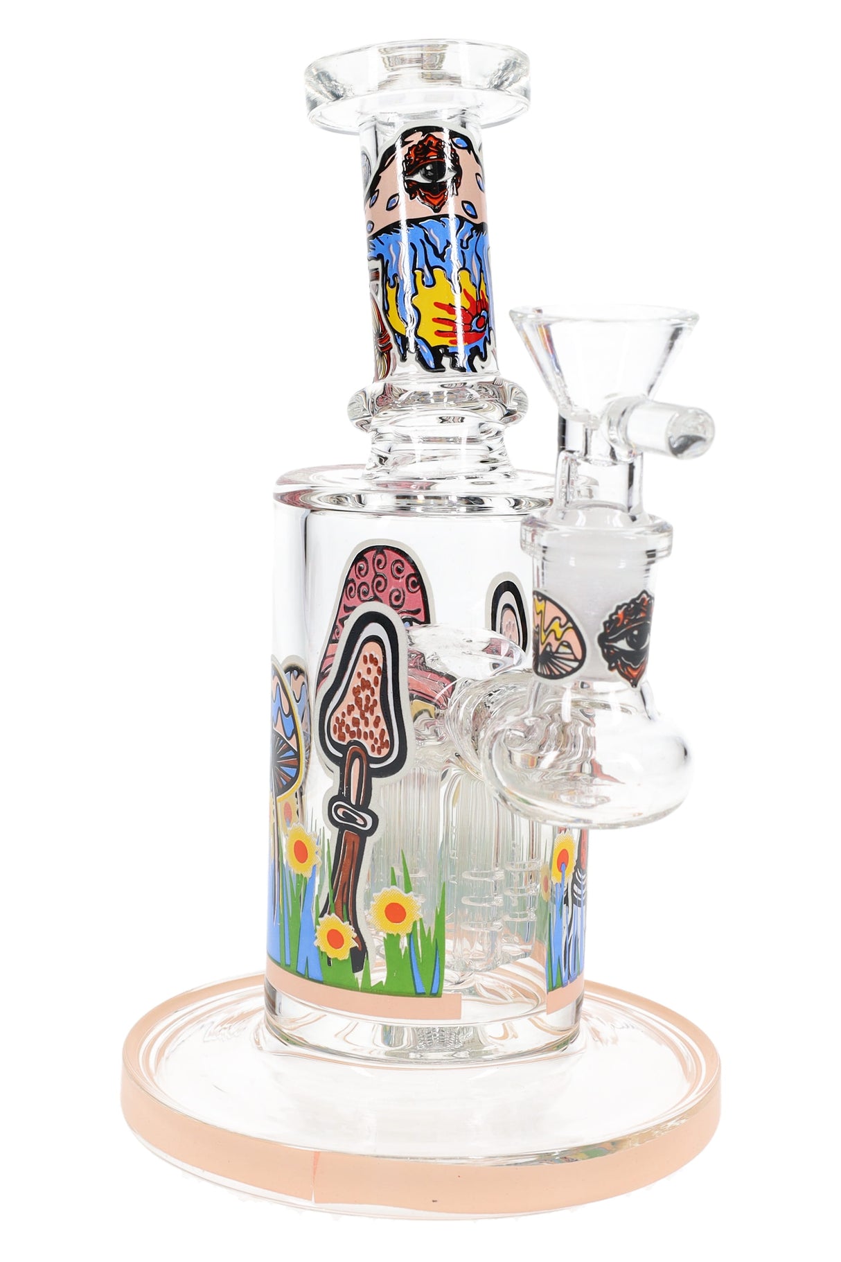 Peach-rim 6.5″ mushroom bong with tree perc, meadow of spotted mushrooms and eye motif on the neck.