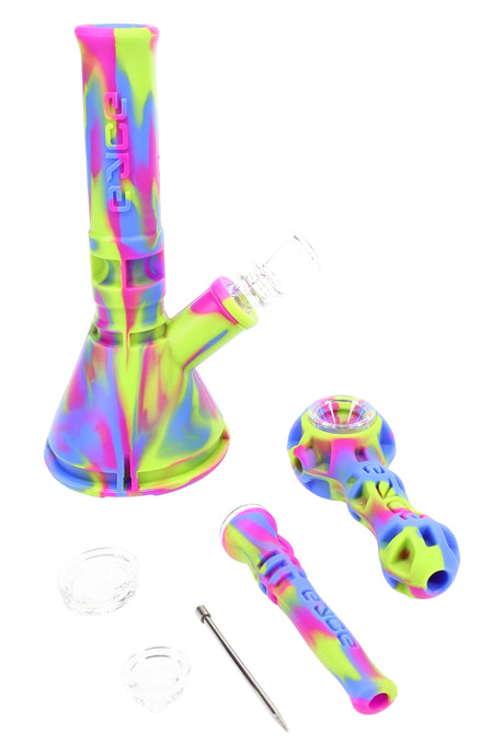 Eyce Colorway Set showing silicone mini beaker bong, spoon pipe, nectar collector, two glass containers, and dab tool in swirl colors.