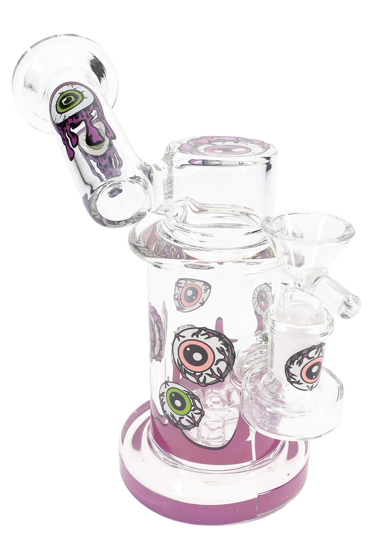 Purple-accent eyeball sidecar bong showing clear chamber with showerhead perc and angled mouthpiece, 5.5″ size.