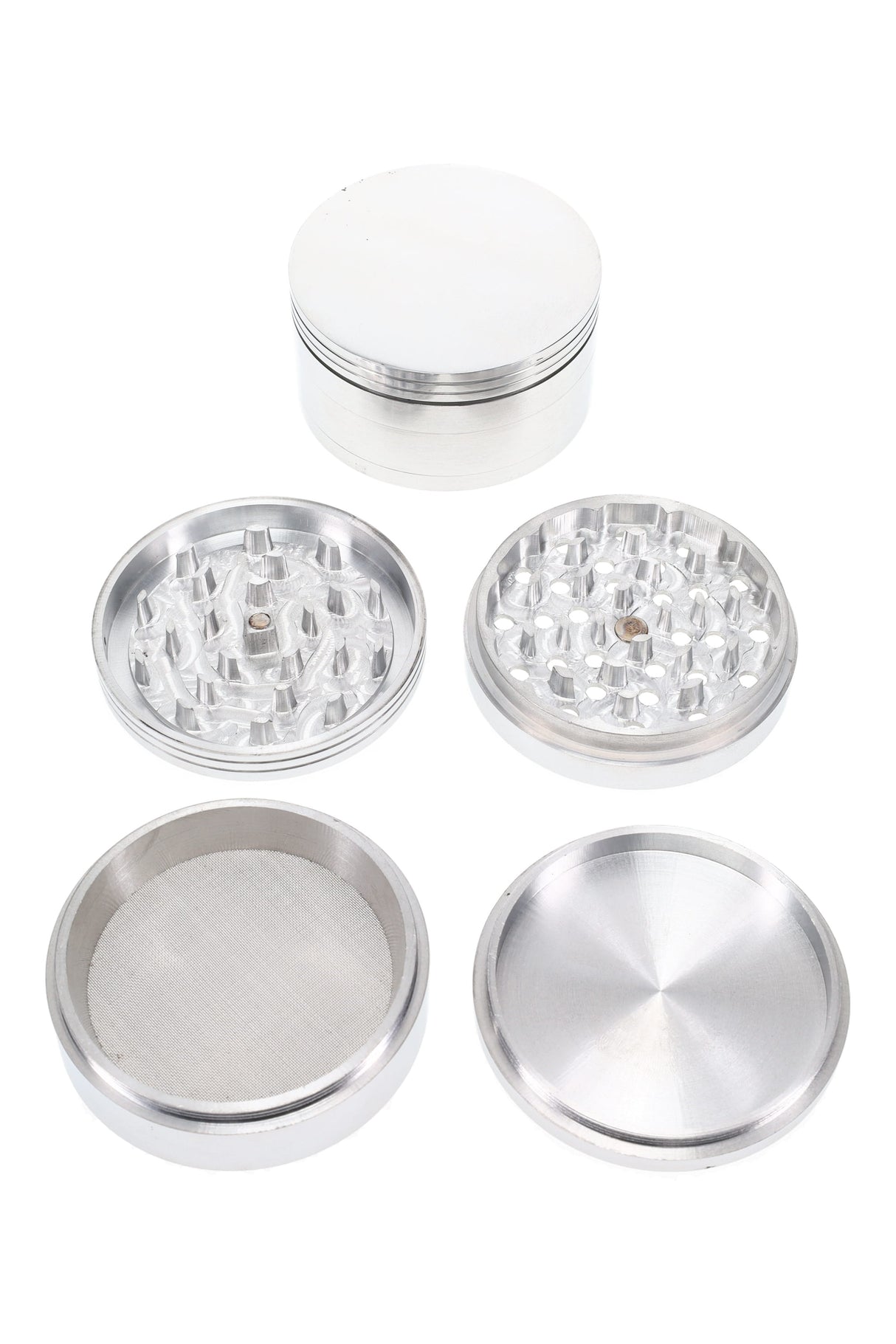3¼″ 4-part metal herb grinder disassembled to show diamond teeth, magnetic lid, mesh pollen screen, and kief catch base.