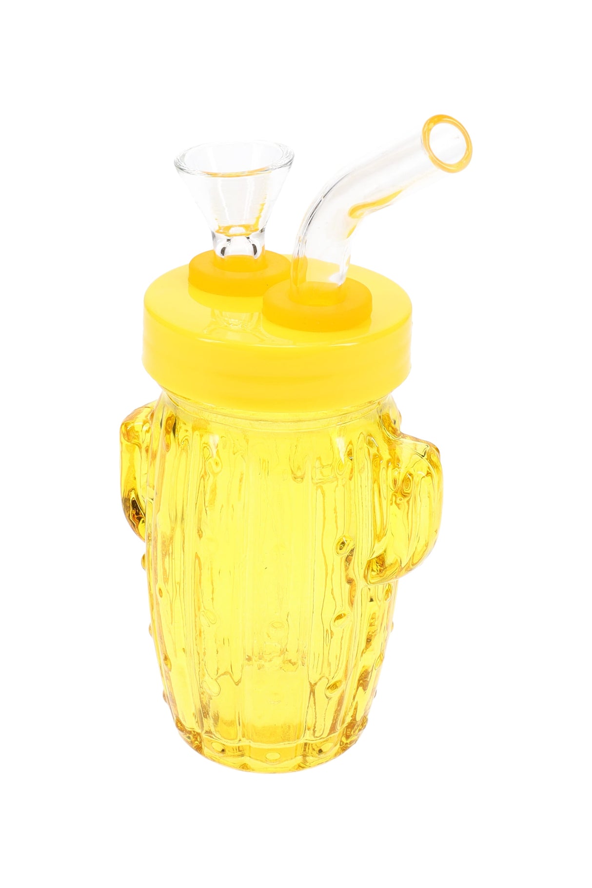 Perspective shot of bright yellow cactus glass water pipe, 3.5-inch novelty bong posed against neutral background.