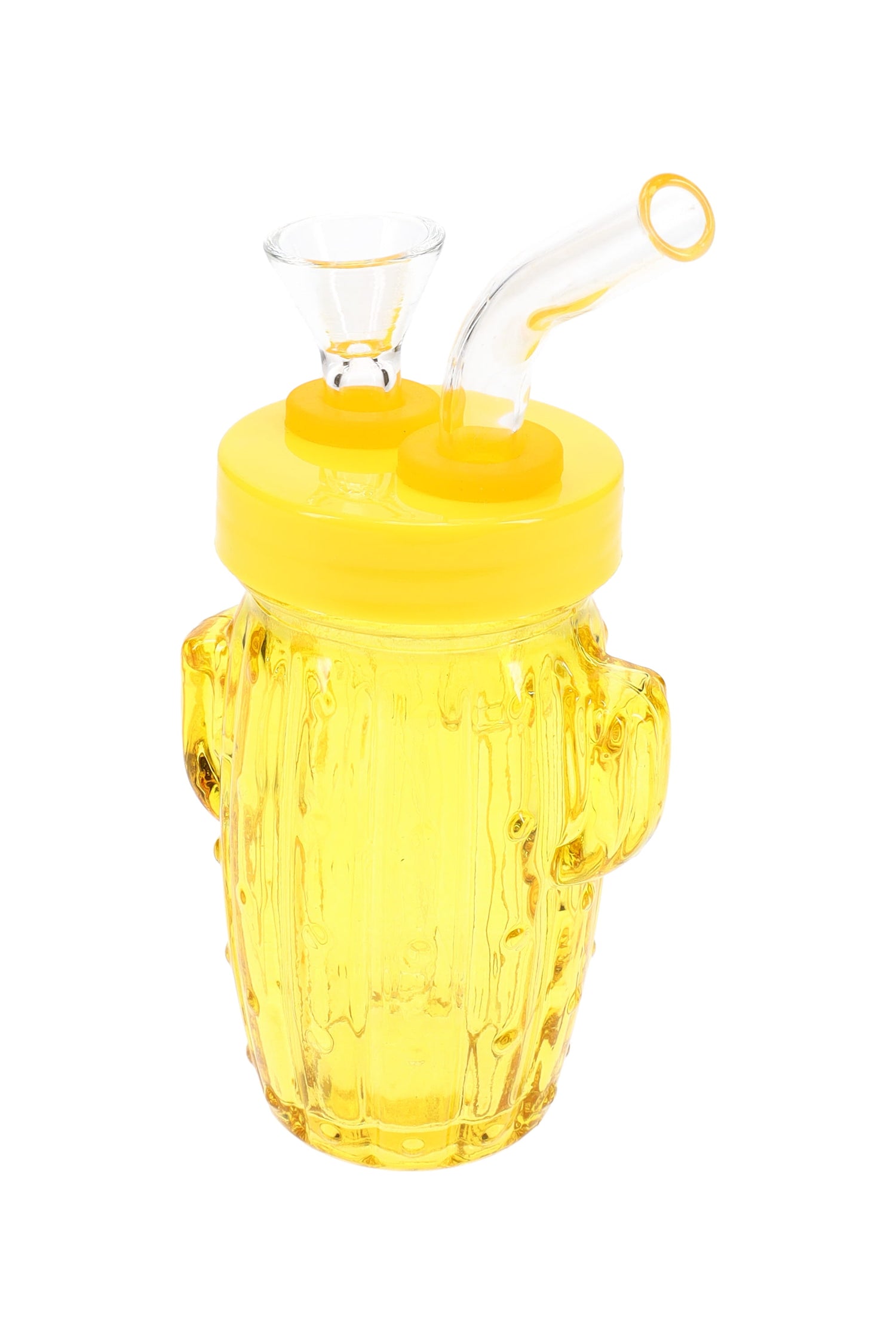 Perspective shot of bright yellow cactus glass water pipe, 3.5-inch novelty bong posed against neutral background.
