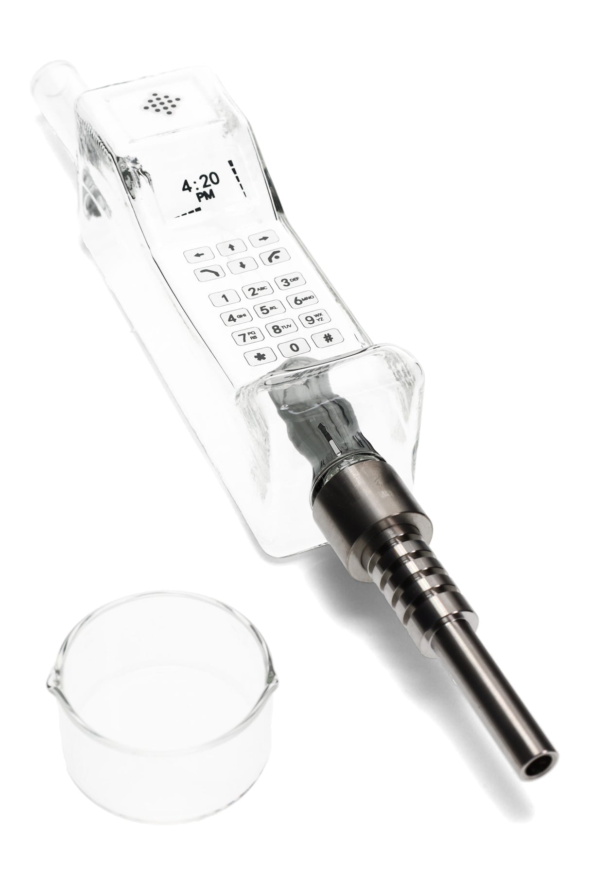 Clear phone dab straw kit with keypad and “4:20 PM” screen graphic, metal tip attachment, quartz dish beside it.