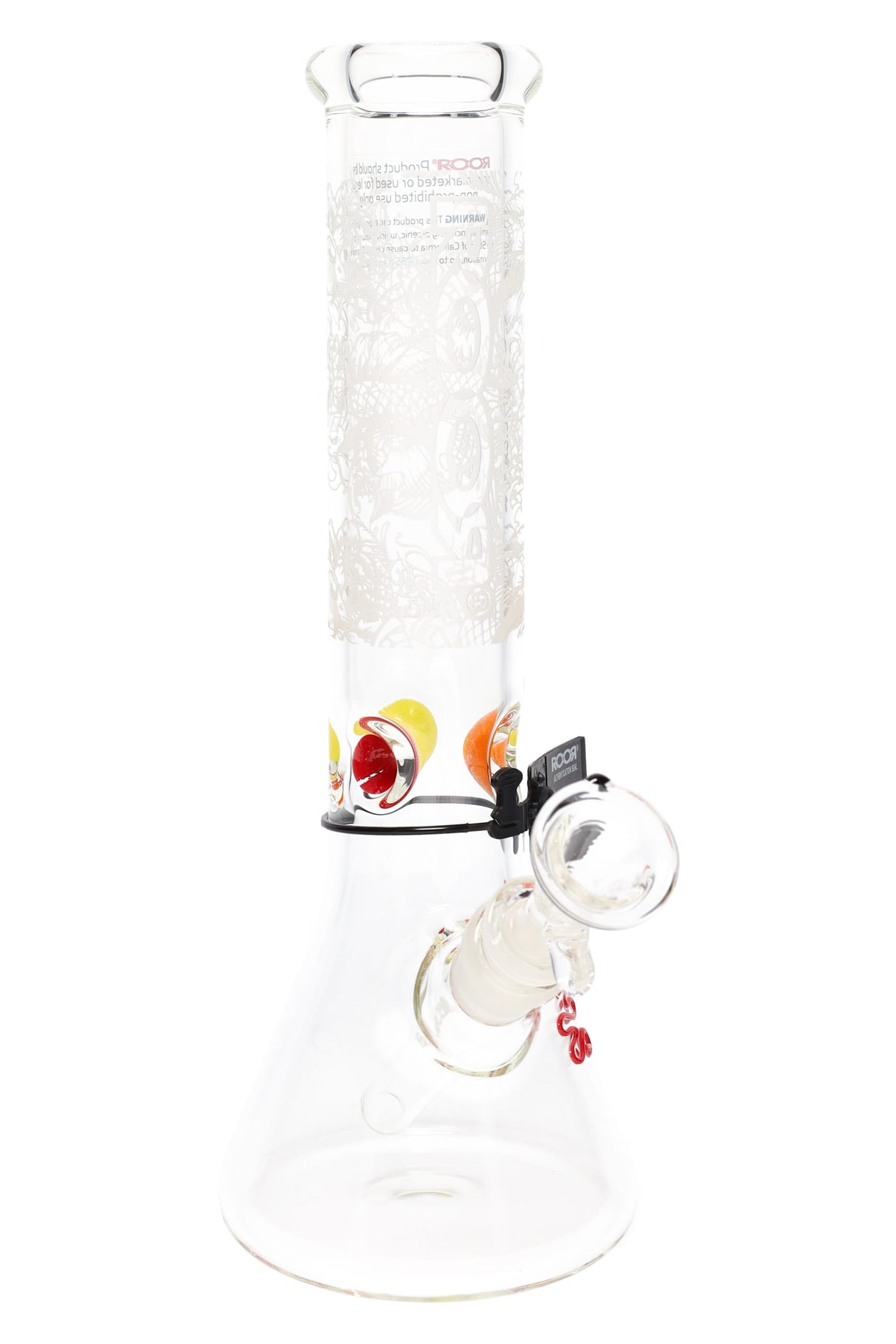 Clear ROOR 12-inch frosted beaker bong with floral lace-style etched neck and multicolor ice pinch; glass-on-glass downstem and bowl.