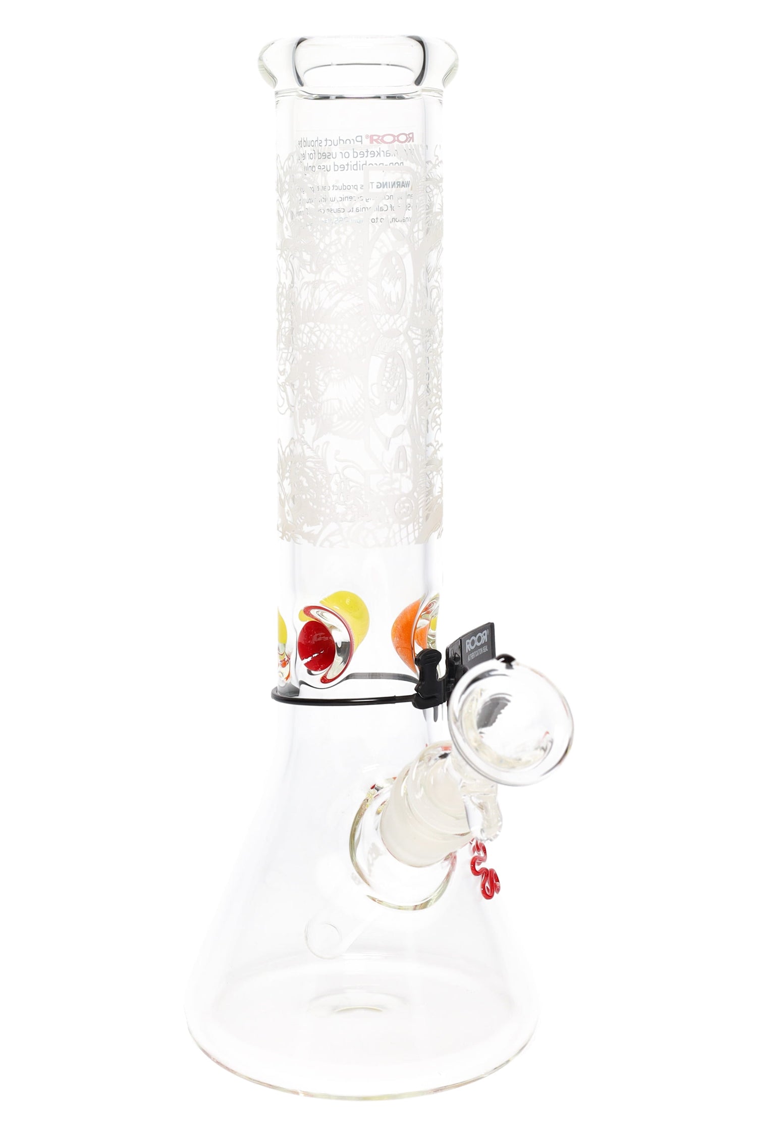 Clear ROOR 12-inch frosted beaker bong with floral lace-style etched neck and multicolor ice pinch; glass-on-glass downstem and bowl.