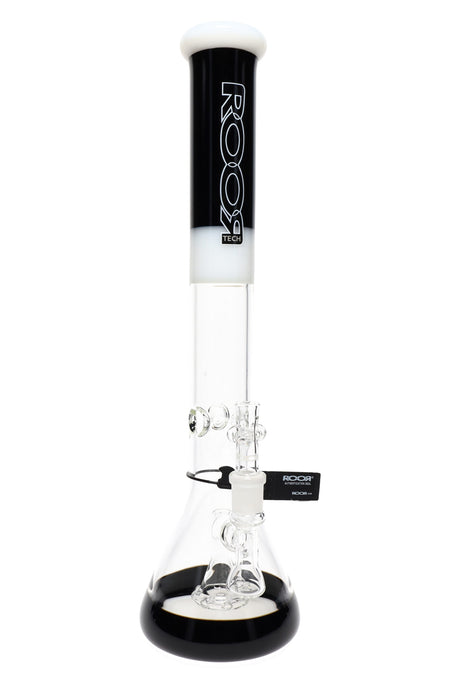 ROOR Tech 18-inch stemless beaker bong with black-and-white colored mouthpiece and base, fixed showerhead percolator and glass bowl shown.