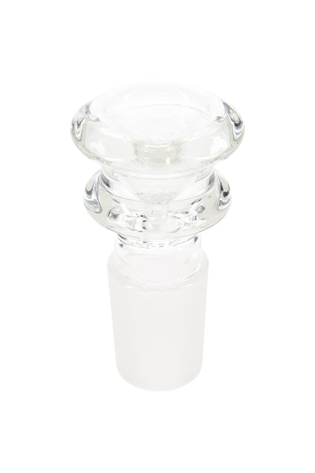 Low-profile clear glass bowl with 18.8 mm male ground joint and flared grip ring, a replacement slide for dry herb bongs.