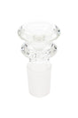Low-profile clear glass bowl with 18.8 mm male ground joint and flared grip ring, a replacement slide for dry herb bongs.