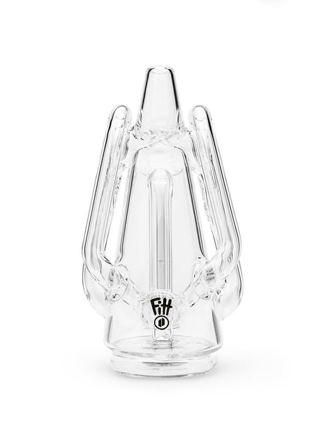 Front view of Puffco Ryan Fitt Recycler Glass 2.0 showing multi-path recycler channels and tapered mouthpiece in clear glass.