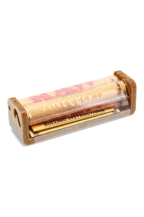 Single RAW 79 mm hemp composite hand roller for 1¼ and 1½ papers, compact design with branded apron shown close-up.