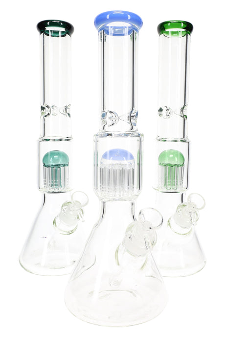 Tall clear 15-inch beaker bong with colored lip and domed tree percolator, ice pinches on neck and angled joint.