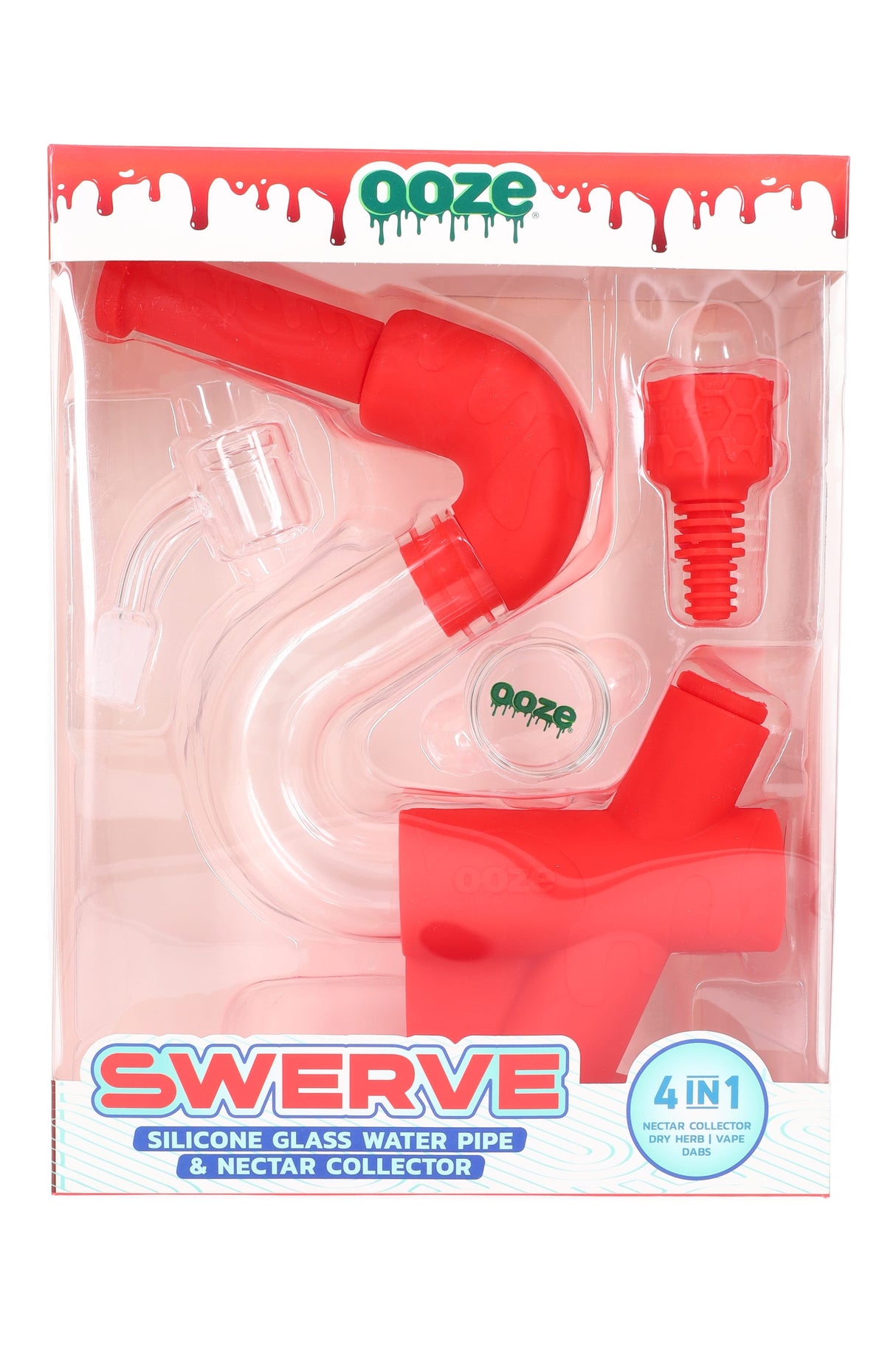 Red Ooze “Swerve” 4-in-1 hybrid water pipe set in display box with quartz banger, nectar tip, and small glass jar.