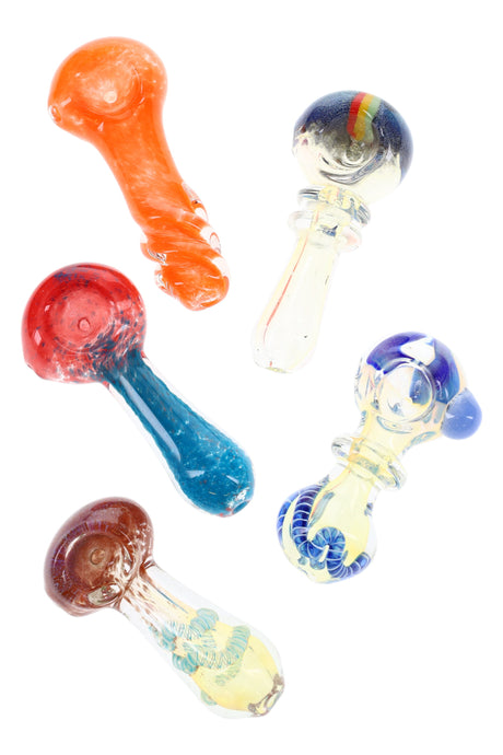 Set of five 3-inch glass hand pipes with rainbow accent, spiral twist and frit textures, displayed against white backdrop