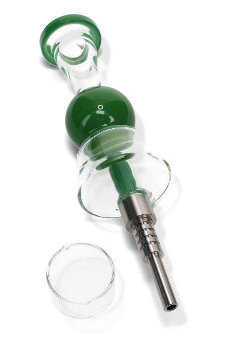 Green bubble glass dab straw kit with flared guard and metal tip, shown beside the included quartz dish.