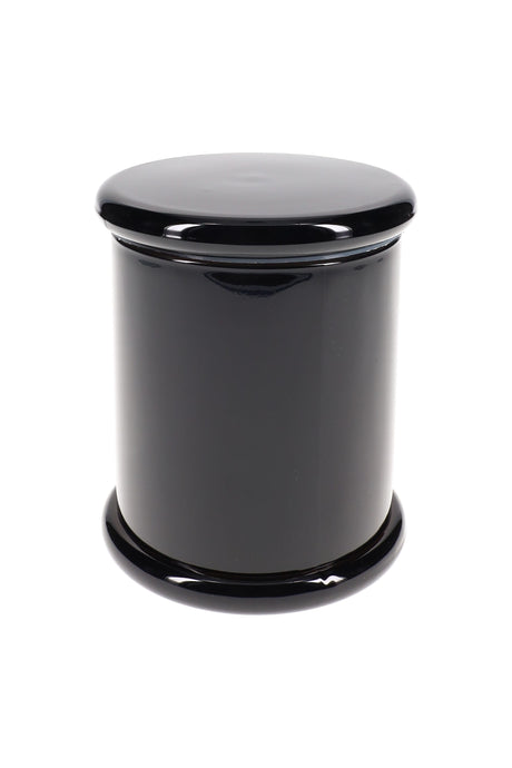 Sleek black XL colored glass jar with reflective finish and flat fitted lid, centered on white background