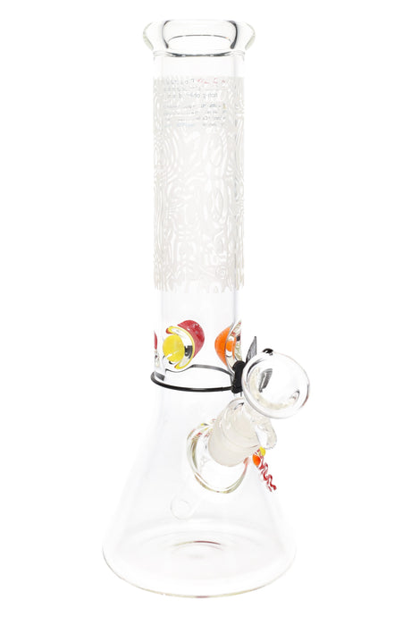 Clear ROOR 12-inch frosted beaker bong with script-style etched neck and multicolor ice pinch; glass-on-glass downstem and bowl.