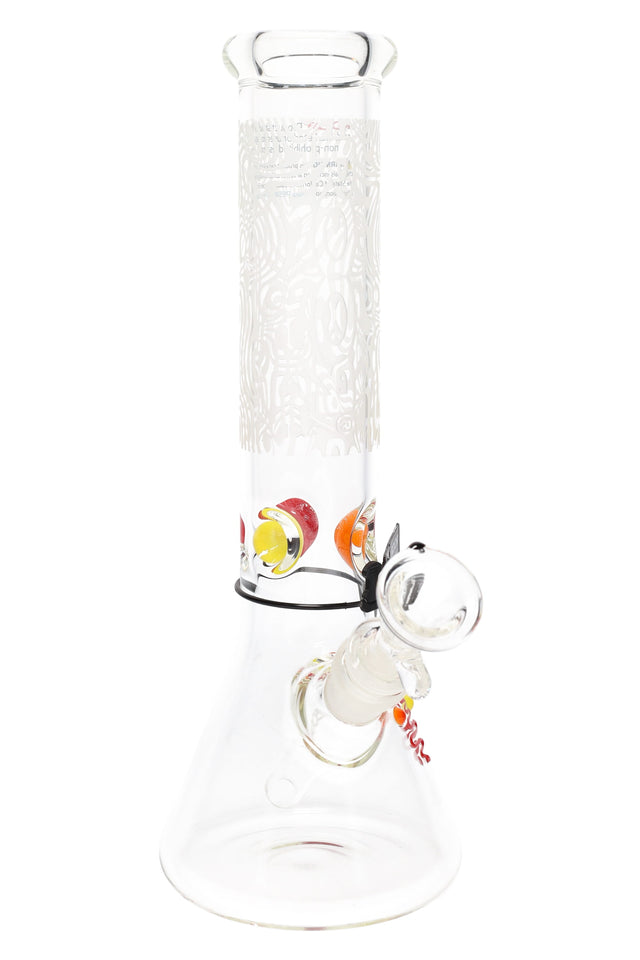 Clear ROOR 12-inch frosted beaker bong with script-style etched neck and multicolor ice pinch; glass-on-glass downstem and bowl.