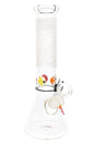 Clear ROOR 12-inch frosted beaker bong with script-style etched neck and multicolor ice pinch; glass-on-glass downstem and bowl.