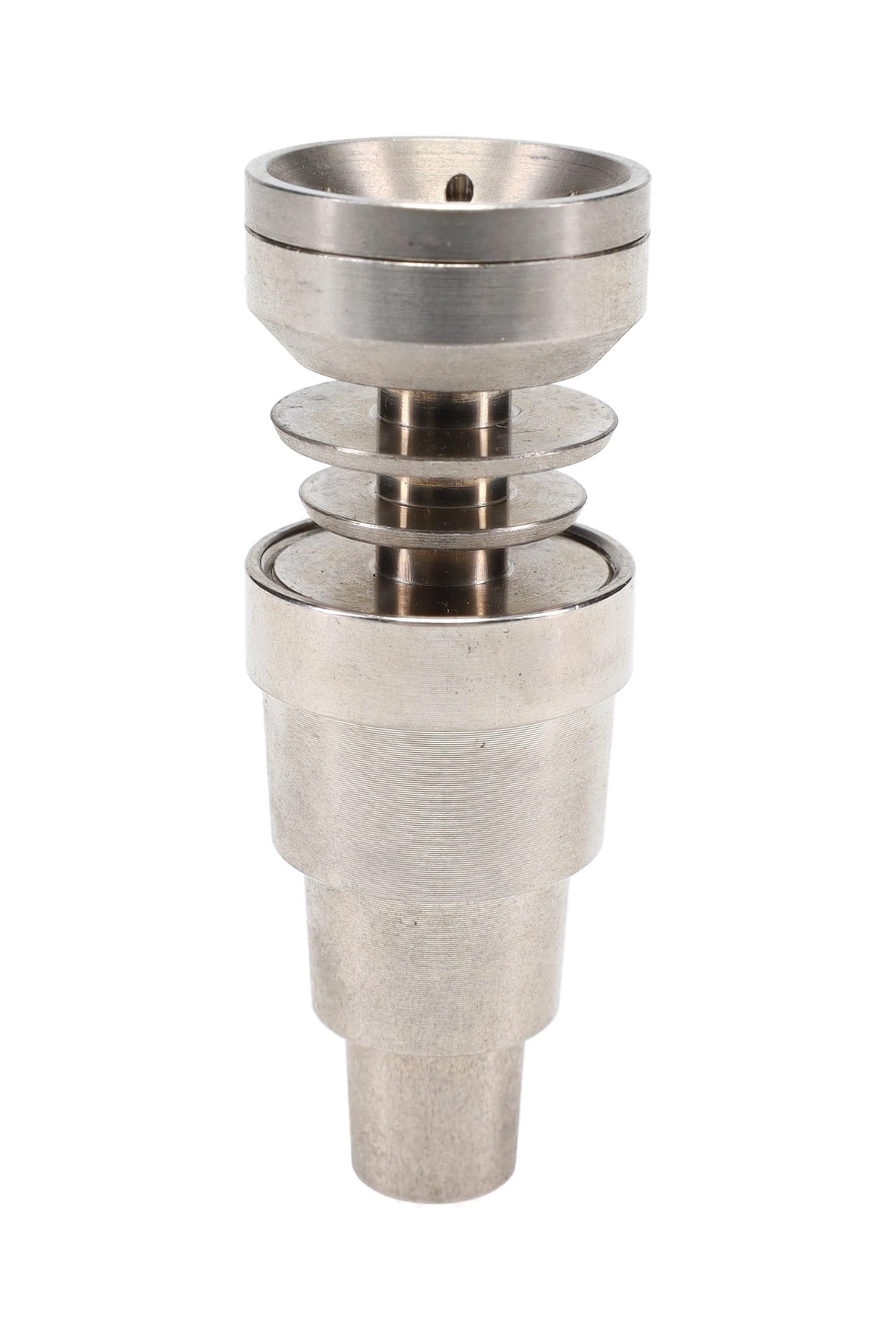 Universal stainless steel domeless nail with lid shown assembled, stepped body fits 10, 14, and 18 mm joints.