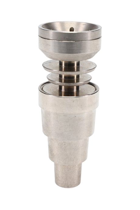 Universal stainless steel domeless nail with lid shown assembled, stepped body fits 10, 14, and 18 mm joints.
