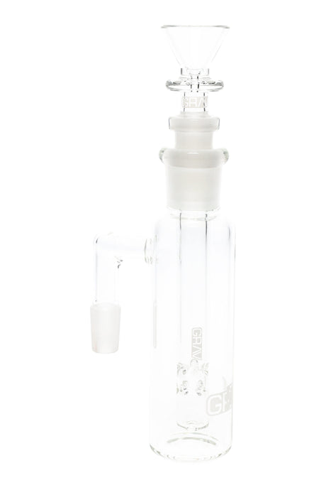 Clear GRAV standard ash catcher with 14.5 mm joints and removable fission downstem, angle-selectable design shown upright on white background.