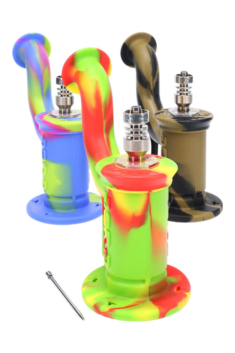 Three Eyce Silicone Dab Rig 2.0 units in assorted colors with 10 mm titanium nails on top and wide silicone bases, compact 7-inch rigs.