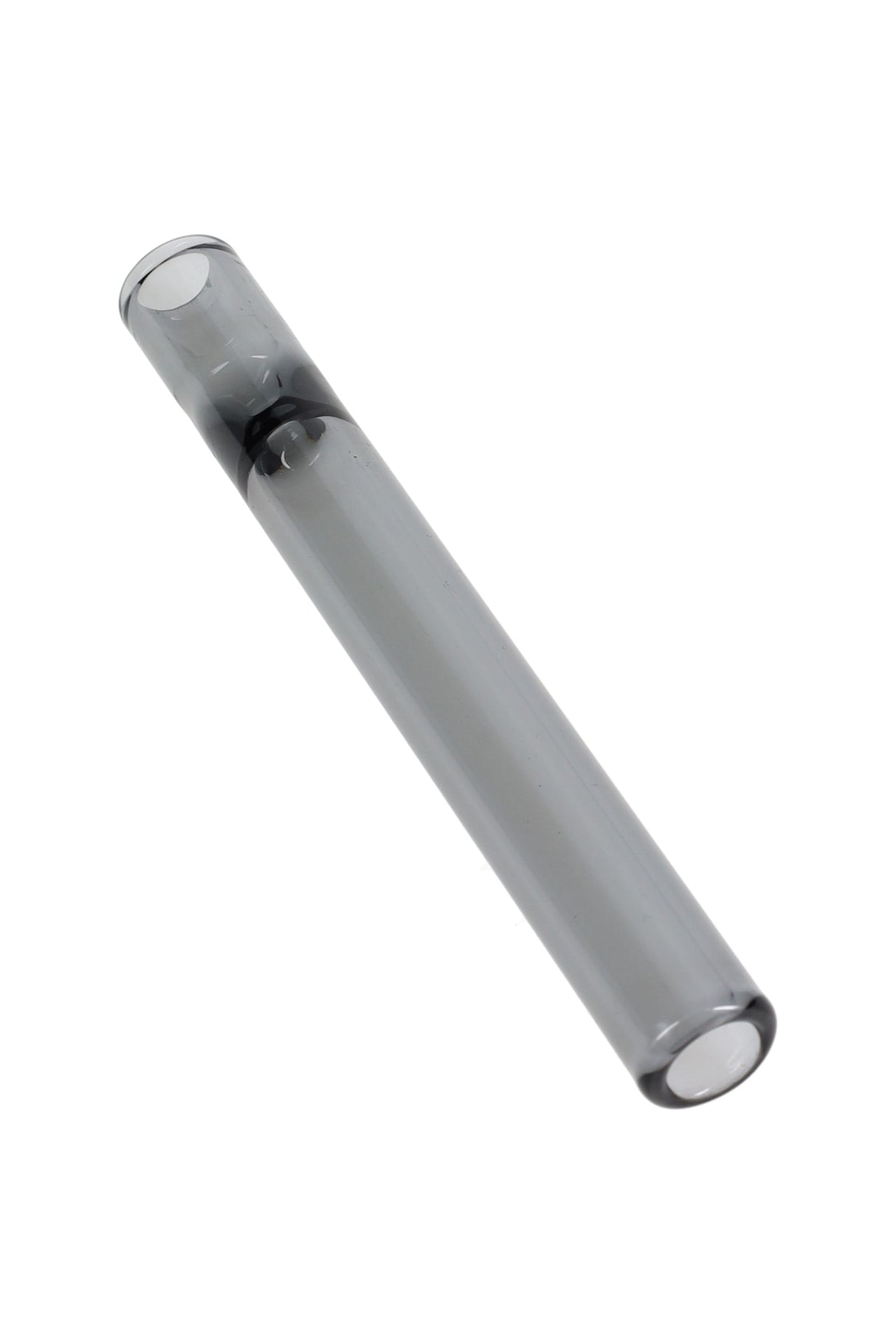 Smoke-gray 4″ glass one-hitter bat, straight chillum with center pinch and flat end, isolated on white.