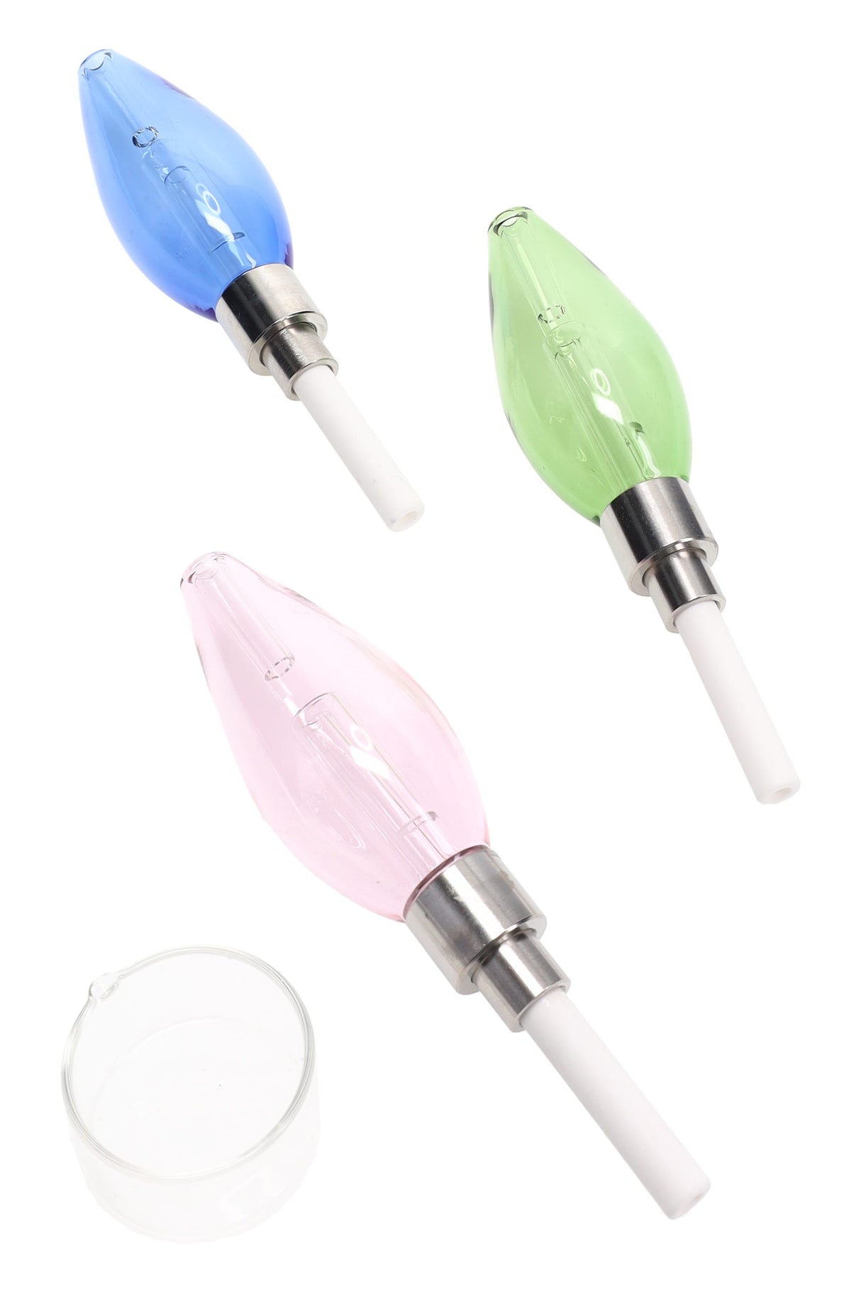 5″ colored glass bulb dab straw with screw-on ceramic tip and glass wax tray; compact size for flavorful dabs; assorted colors.