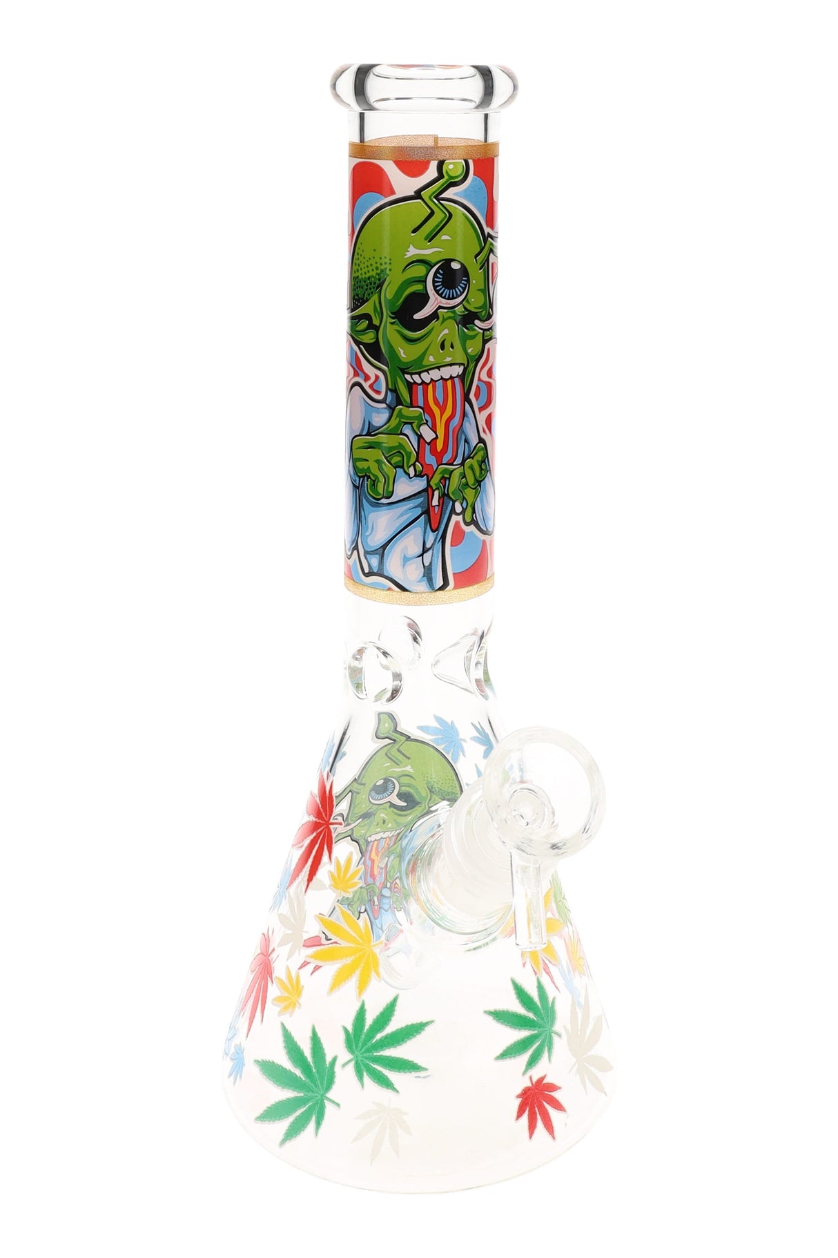 Single alien-design glow glass beaker bong with ice pinch and GoG joint, 10″ tall, vibrant decals across the neck and base.