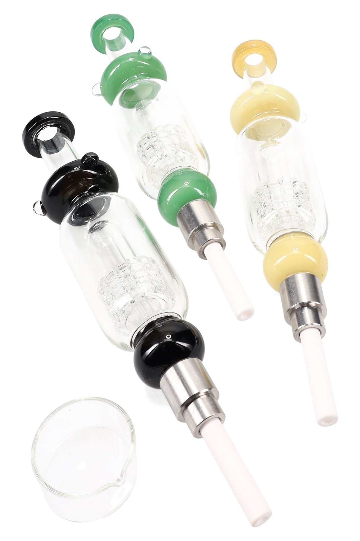 Matrix perc glass dab straw kit with ceramic tip and glass dish; five color accents shown together in an 8½-inch design.