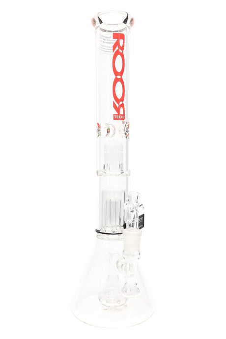ROOR Tech clear 18″ stemless beaker bong showing multi-perc stack and ice catcher, 5 mm glass, red ROOR Tech decal, flared mouthpiece and beaker foot.